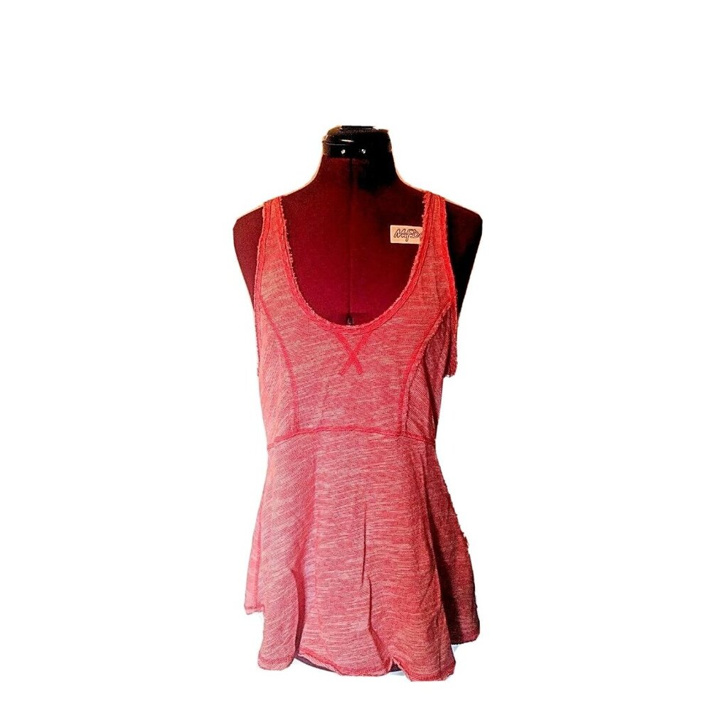 Free People Women's Orange White Tank Top Size Medium Cotton Sleeveless Raw Hem